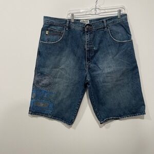Pelle Pelle Mens Blue Denim Jean Shorts Size 40 Cadillac Embroidered Baggy‎ Fit
